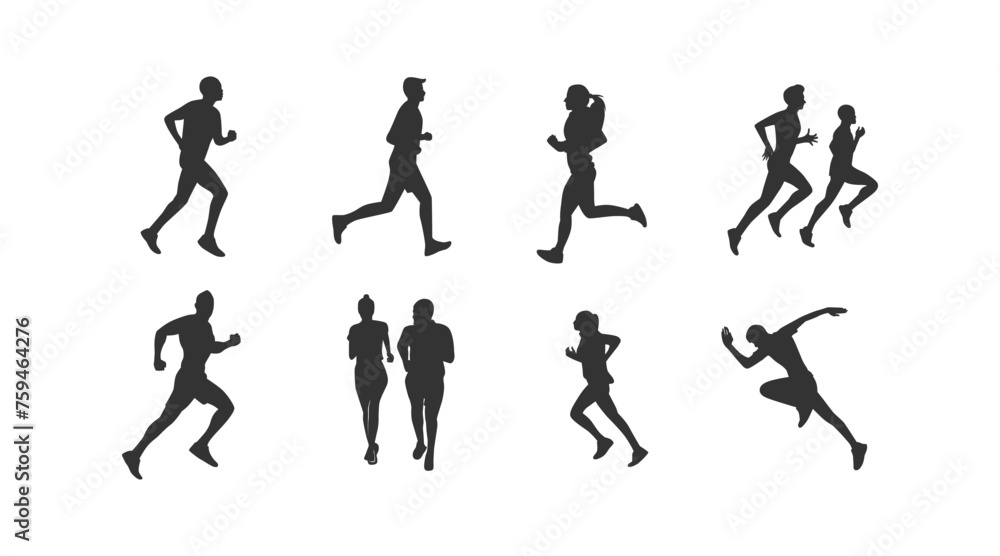 set of silhouettes of running athletes - obrazy, fototapety, plakaty 