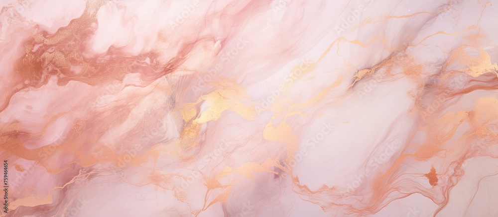 An intricate pattern of pink and gold marble, resembling a Cumulus cloud, captured in stunning macro photography. This stunning texture looks like a work of art, perfect for a dish or painting