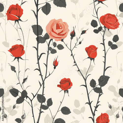 seamless pattern of roses in various stages of bloom on light background