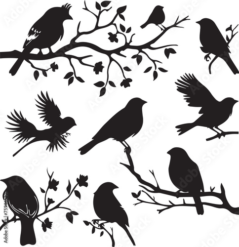 Set of Silhouette birds on a tree branch on white background