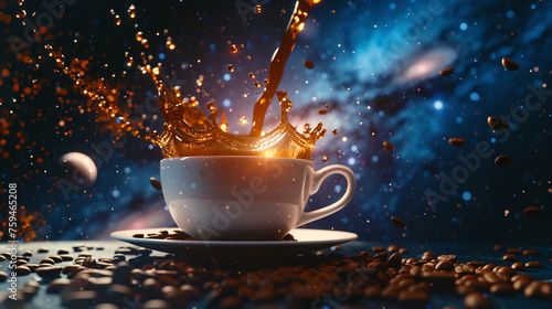 Coffee pouring into a floating cup with no gravity, splashes and beans all around, against a starry night sky background.