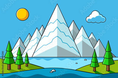 Tree stump on a rocky coastline with icebergs floating in the background