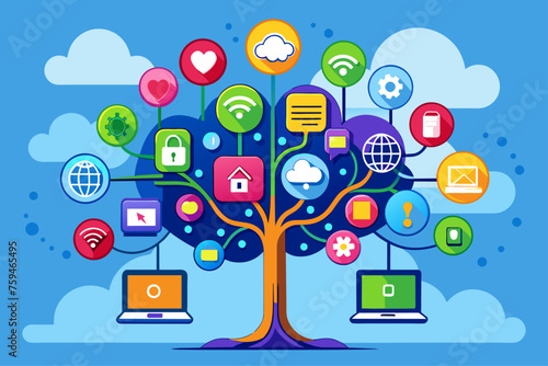 A tall tree trunk and branches are silhouetted against a blue sky, creating a serene and ethereal ambiance.