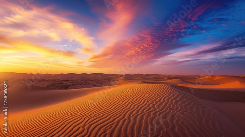 An expansive desert landscape at sunset  vivid colors in the sky  dunes creating patterns  portraying the beauty of wilderness. Resplendent.