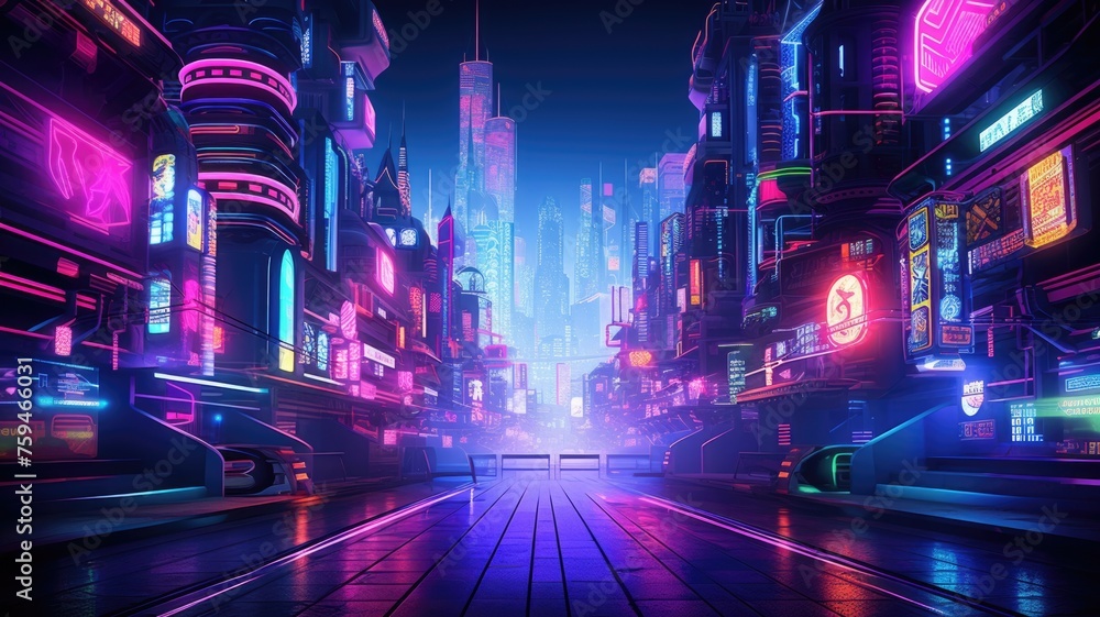 The picture of the neon night time futuristic cyberpunk scifi metropolis yet bright with neon light that fill everywhere of metropolis and fill with tall building and long roadway at night. AIGX01. - obrazy, fototapety, plakaty 