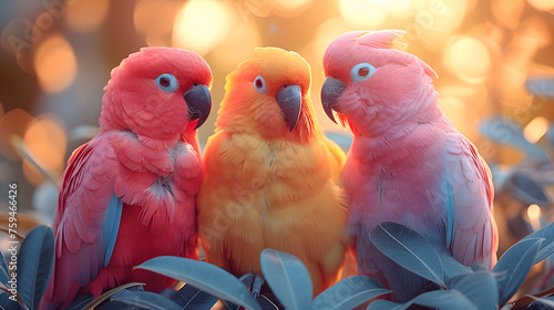 Three galah cockatoos, one orange and two pink, in a natural setting at dusk. Warm outdoor portrait with soft bokeh background. Exotic birds and nature concept. Design for greeting card, invitation