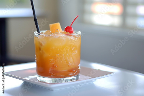 Tropical Mai Tai Cocktail on Minimalist White Table Setting Gen AI photo