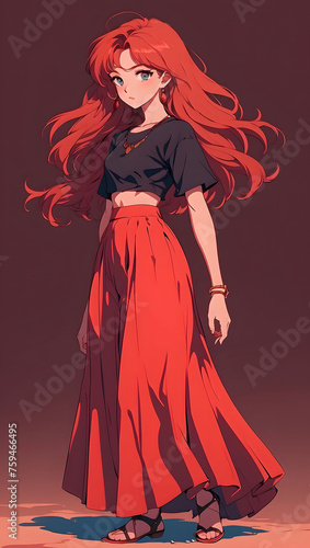 Beautiful young woman in a long red skirt. Vector illustration.