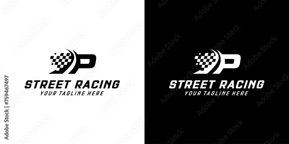 Letter P with Racing flag icon on black and white background, racing,automotive,road logo - obrazy, fototapety, plakaty 