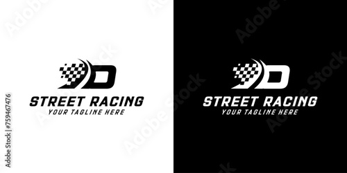 Letter O with Racing flag icon on black and white background, racing,automotive,road logo