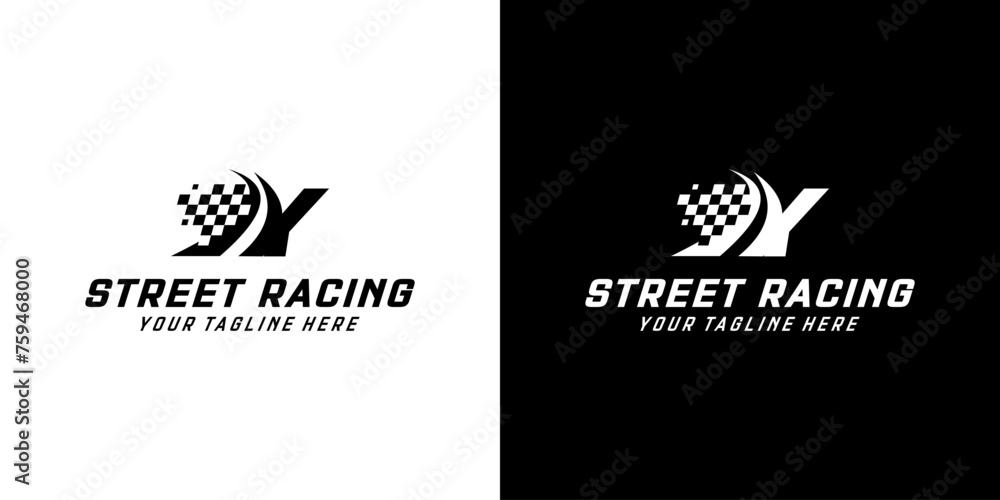 Letter Y with Racing flag icon on black and white background, racing,automotive,road logo - obrazy, fototapety, plakaty 