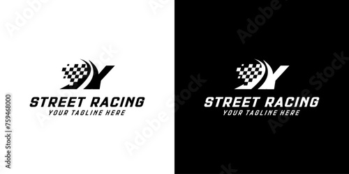 Letter Y with Racing flag icon on black and white background, racing,automotive,road logo