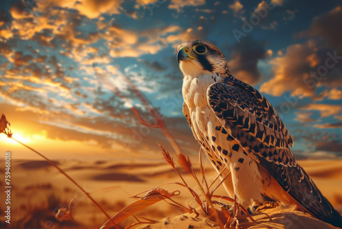 Falcon perched on sand dune gazing into distance against backdrop of dramatic desert sunrise