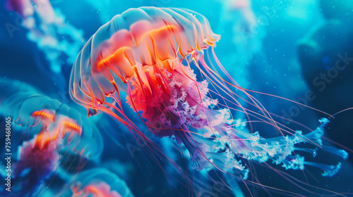 Enchanting jellyfish ballet, deep sea neon dance underwater