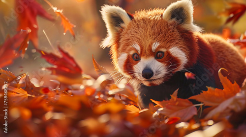 Fluffy red panda amidst autumn leaves, cuteness overload photo