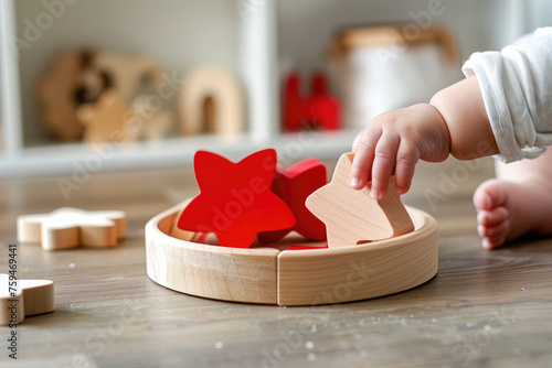 Closeup of an adorable child playing with wooden shape blocks on the floor, using their hands to place them inside different shapes in a colorful wood block cube box for development and learning