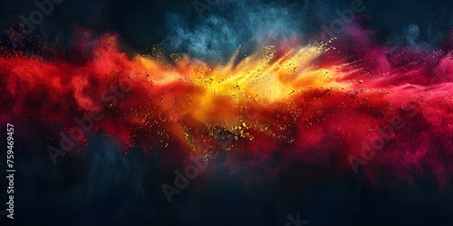 Dynamic Powder Splashes Resembling Colors of the Spanish Flag on Dark Background. Concept Spain Flag, Powder Splashes, Dynamic, Dark Background, Vibrant Colors