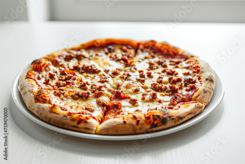 Delicious Meat Lover's Pizza on White Plate with Perfect Composition Gen AI photo