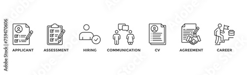 Job interview banner web icon vector illustration concept with icon of applicant, assessment, hiring, communication, cv, agreement and career
