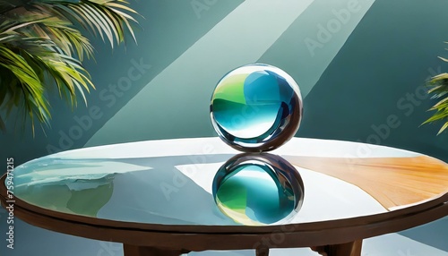 swimming pool and chairs on the beach, a group of balls sitting on top of a table, a marble sculpture