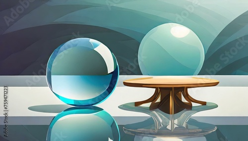 3d render of a glass sphere, a group of balls sitting on top of a table, a marble sculpture