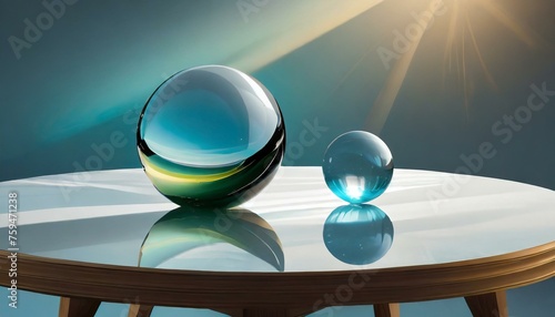 glass sphere on the table, a group of balls sitting on top of a table, a marble sculpture