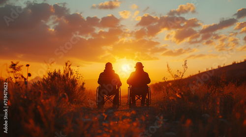 Three disabled people at the sunset. generative ai photo