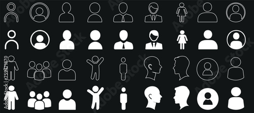 Person icons, diverse styles of user icon white on black. Ideal profile icon for user interface, social media, business presentations. Customizable, adaptable, professional, personal use.