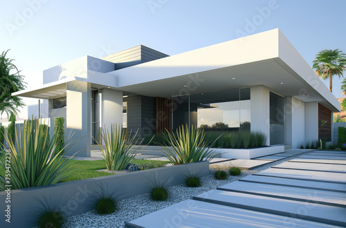 front view of a modern new house in Western Australia with grey walls and a light gray roof, a concrete flat color finish for the front yard with small patchy grass, a neatly trimmed backyard photo