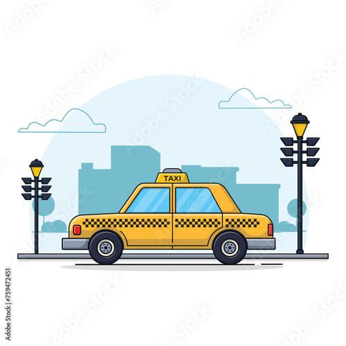 Yellow Taxi Car on City Vector Illustration. Taxi Service Concept Design