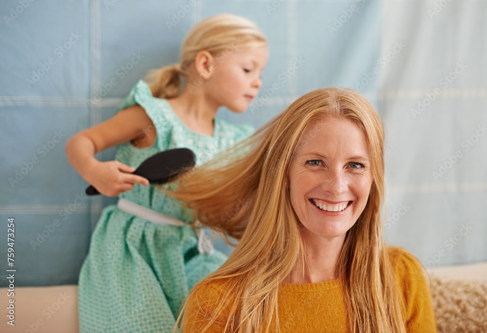 Home, hair brush and mom with girl for smile in bonding to play for child development or growth. Portrait, parent and daughter with happiness in living room for joy or fun, relax and laugh as family Home, hair brush and mom with girl for smile in bonding to play for child development or growth. Portrait, parent and daughter with happiness in living room for joy or fun, relax and laugh as family