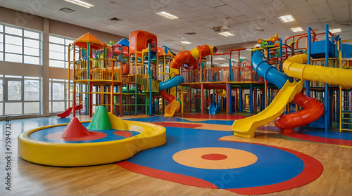 A colorful indoor playground for children with slides, play equipment and toys in school building.generative.ai photo