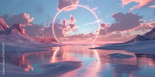 A pink round portal in the middle of the river that connected to the ocean and surrounded with the a huge pile of sand and sandstone mountain under the cloudy sky in the bright morning day. AIGX03.