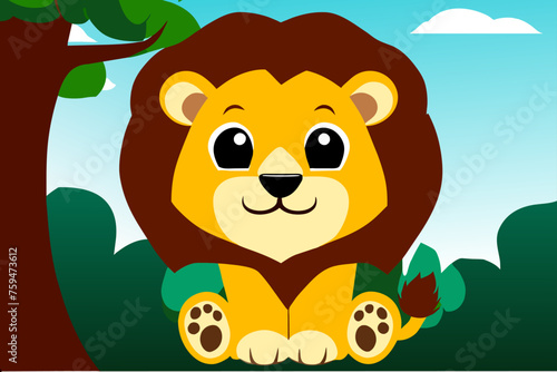 A majestic lion rests serenely amidst verdant trees, creating a captivating image of nature's tranquility.