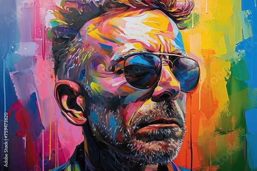The comic colourful picture of the short hair male adult human head and has been wearing sunglasses with straight face yet picture fill with various colour that make picture fill with emotion. AIGX01. © Summit Art Creations