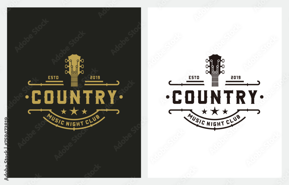 Country Guitar Music Western Vintage Retro Bar Cafe Logo Design - obrazy, fototapety, plakaty 