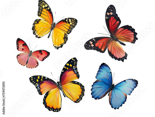 implistic four or five butterflies in various patterns and colors, They are set against a plain white background PNG