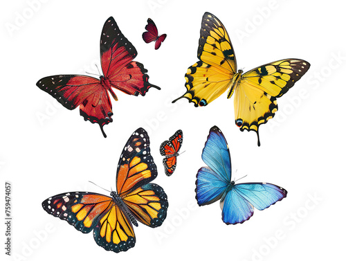 implistic four or five butterflies in various patterns and colors, They are set against a plain white background PNG © JetHuynh