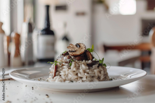 Delicious Mushroom Risotto Plated on White Table Gen AI