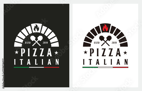 Firewood Brick Oven with Shovel Pizza logo design inspiration