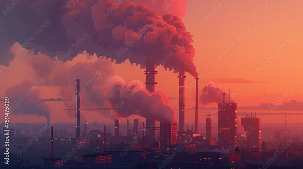 Industrial power plant with thick CO2 smoke from chimney. Pollution and carbon dioxide emissions footprint from fossil fuel burning. Global warming cause and urban environment problem from factories 