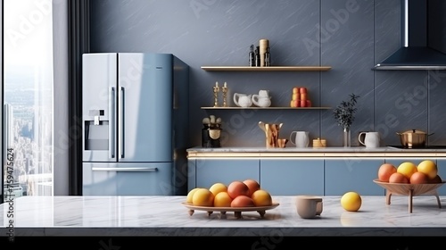 Creative composition of kitchen interior with marble kitchen island, blue kitchen furnitures, gray fridge, modern lamp, bowl with fruits, big window and personal accessories. Home decor. Template photo