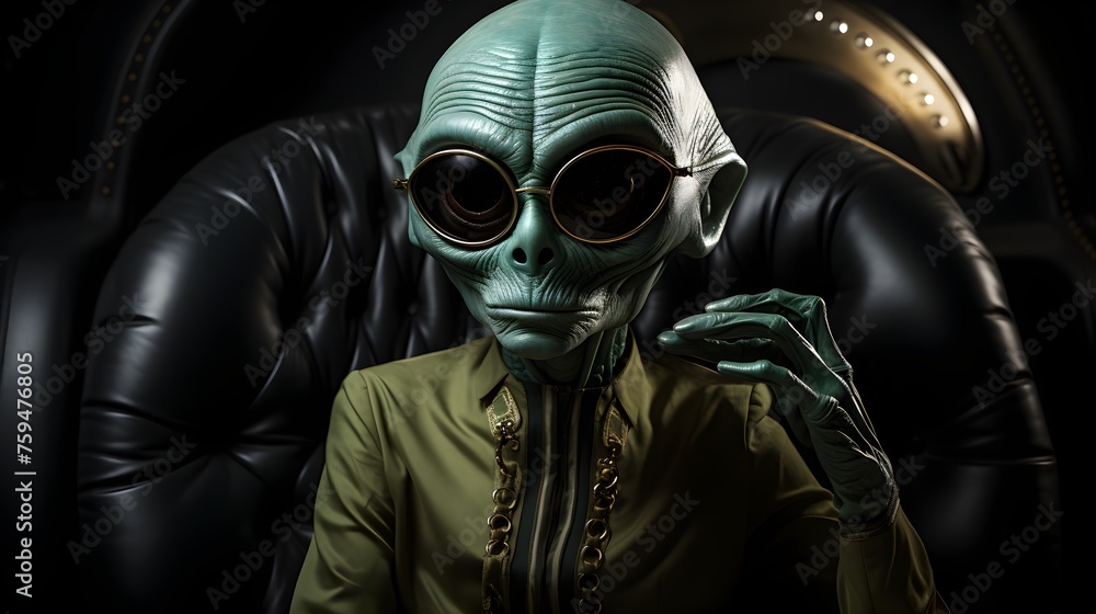 Green Martian alien answering the phone
