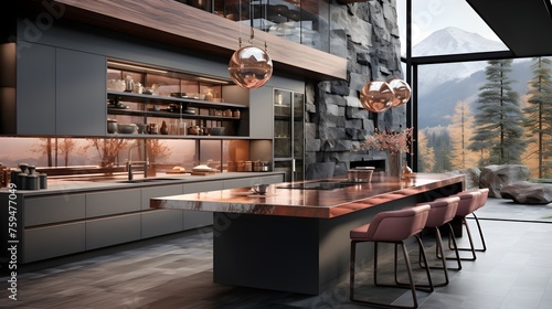 modern kitchen with marble and white cabinetry, in the style of dark silver and dark beige, li shuxing, glass as material, pink and gray, streamlined design, high detailed 
