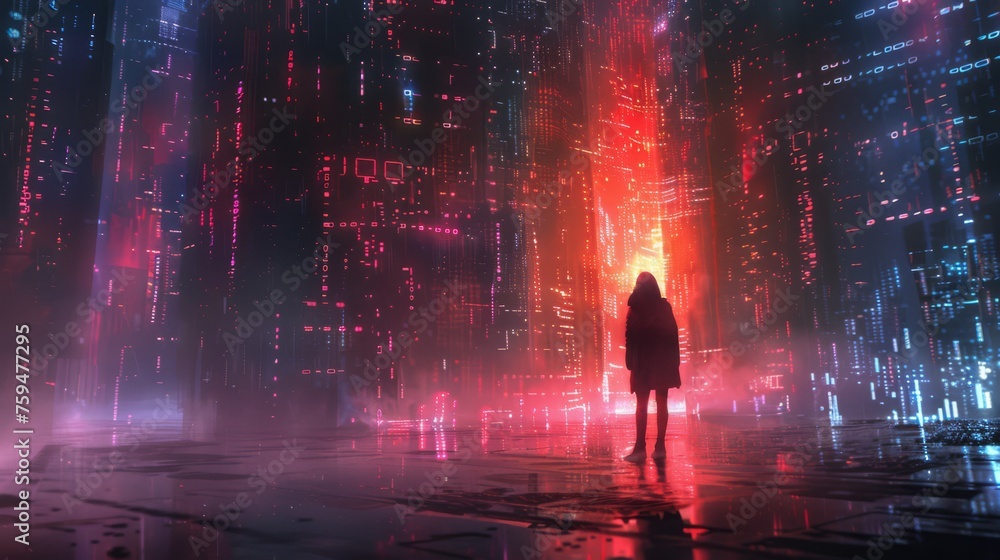 A lone figure stands awash in the vibrant glow of cascading digital rain, enveloped by the cybernetic heartbeat of a neon cityscape..