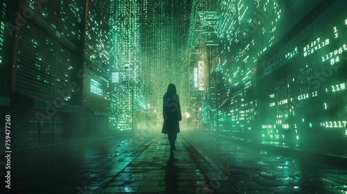 Hooded figure contemplates in a shower of glowing data, a moment of serenity amidst urban digital chaos..