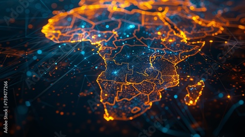 An electrifying 3D visualization of Africa, shimmering with connectivity and data flow, representing the continent's digital heartbeat..