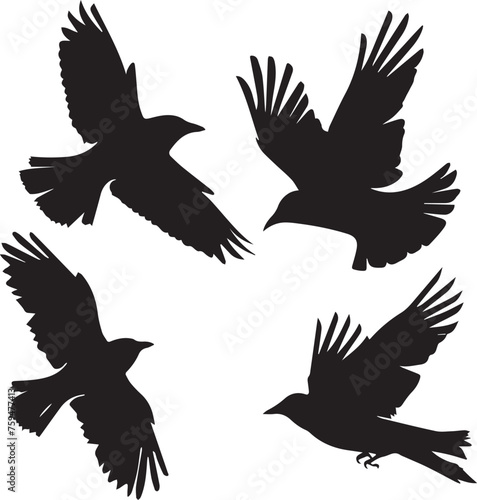 Set of Black Silhouette Birds flying 