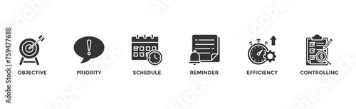 Time management banner web icon illustration concept with icon of objective, priority, schedule, reminder, efficiency, alerts, and controlling
