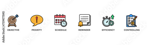 Time management banner web icon illustration concept with icon of objective, priority, schedule, reminder, efficiency, alerts, and controlling